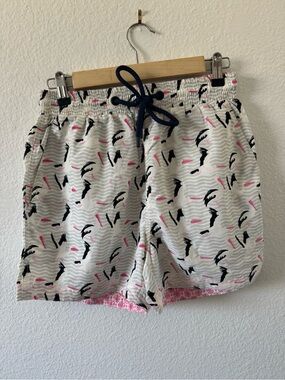 White Pelican Patterned Swim Shorts with Black & Pink Accents